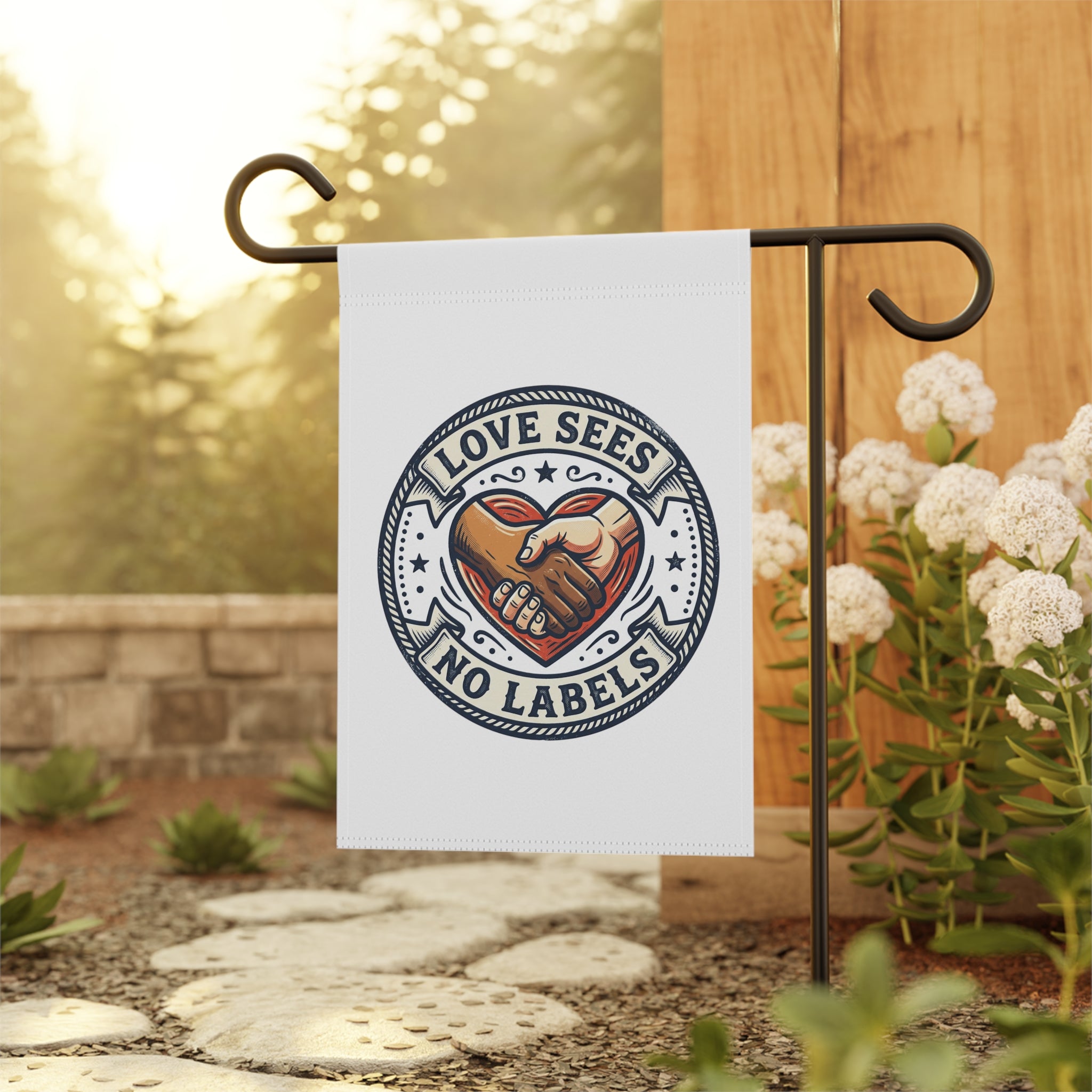 Garden Flag - "Love Sees No Labels" Heart & Hand Unity Decorative Banner
