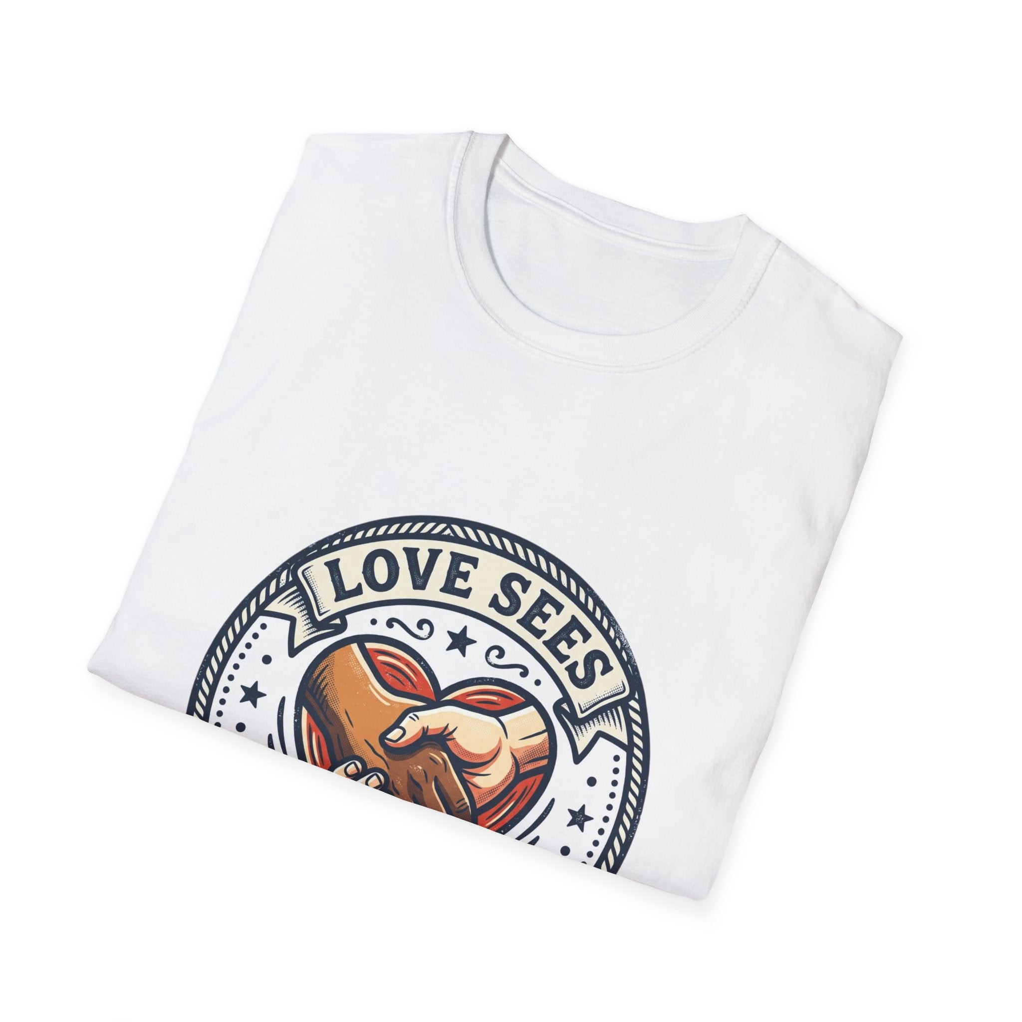 Love Sees No Labels T-Shirt — Inclusive Heart Handshake Tee