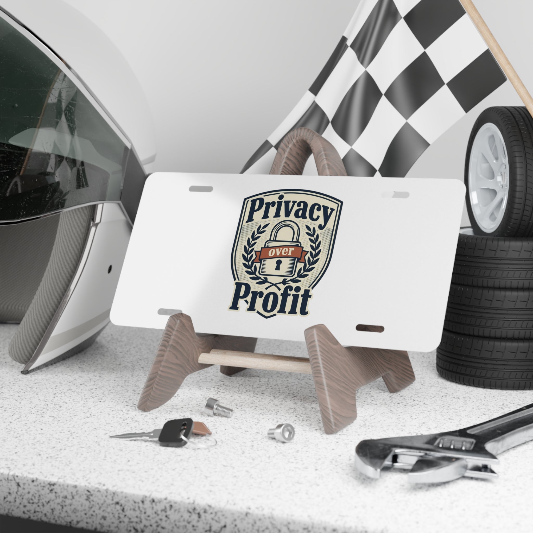 Vanity Plate - "Privacy Over Profit" License Plate with Secure Lock Emblem