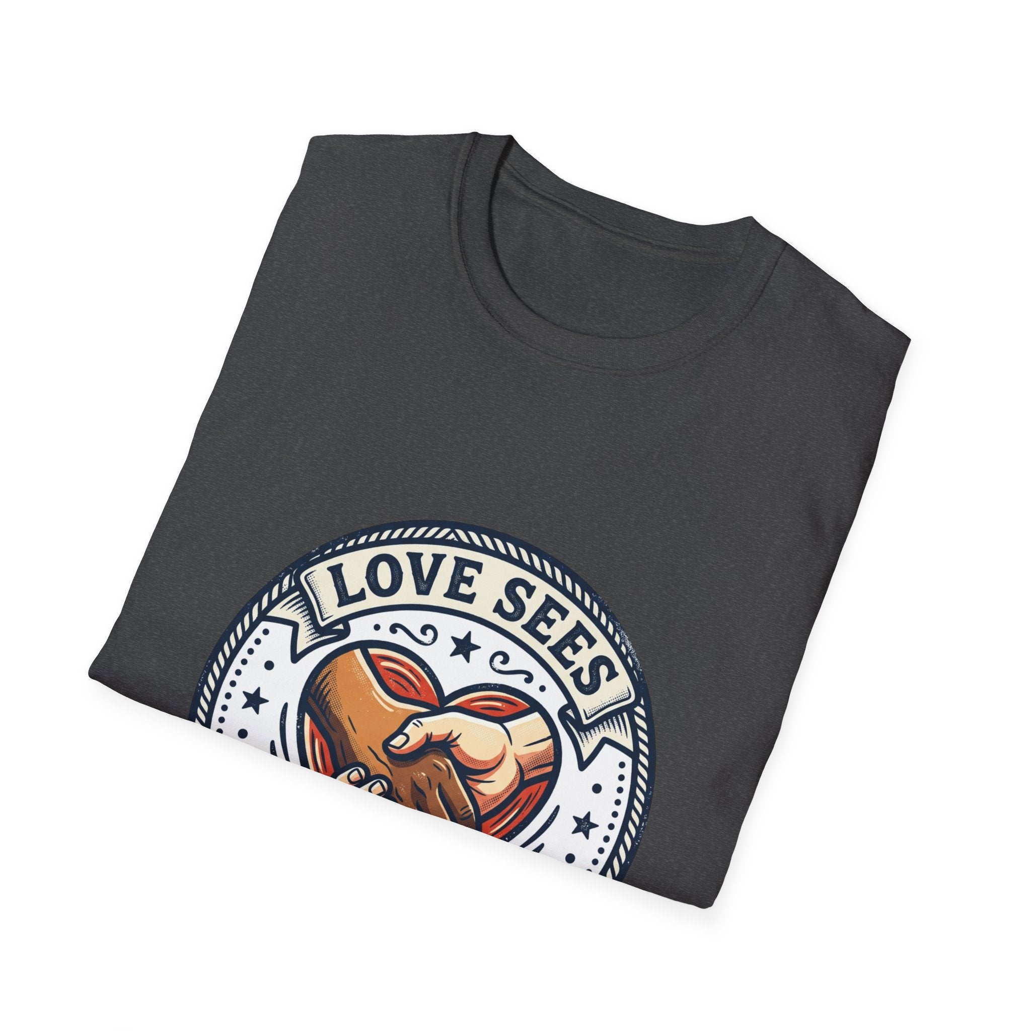 Love Sees No Labels T-Shirt — Inclusive Heart Handshake Tee